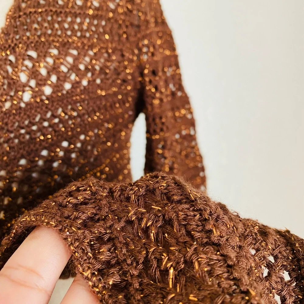 Tie-Front Sweater-Knit Bolero Top Y2K 90s Brown Metallic - Picture 9 of 11